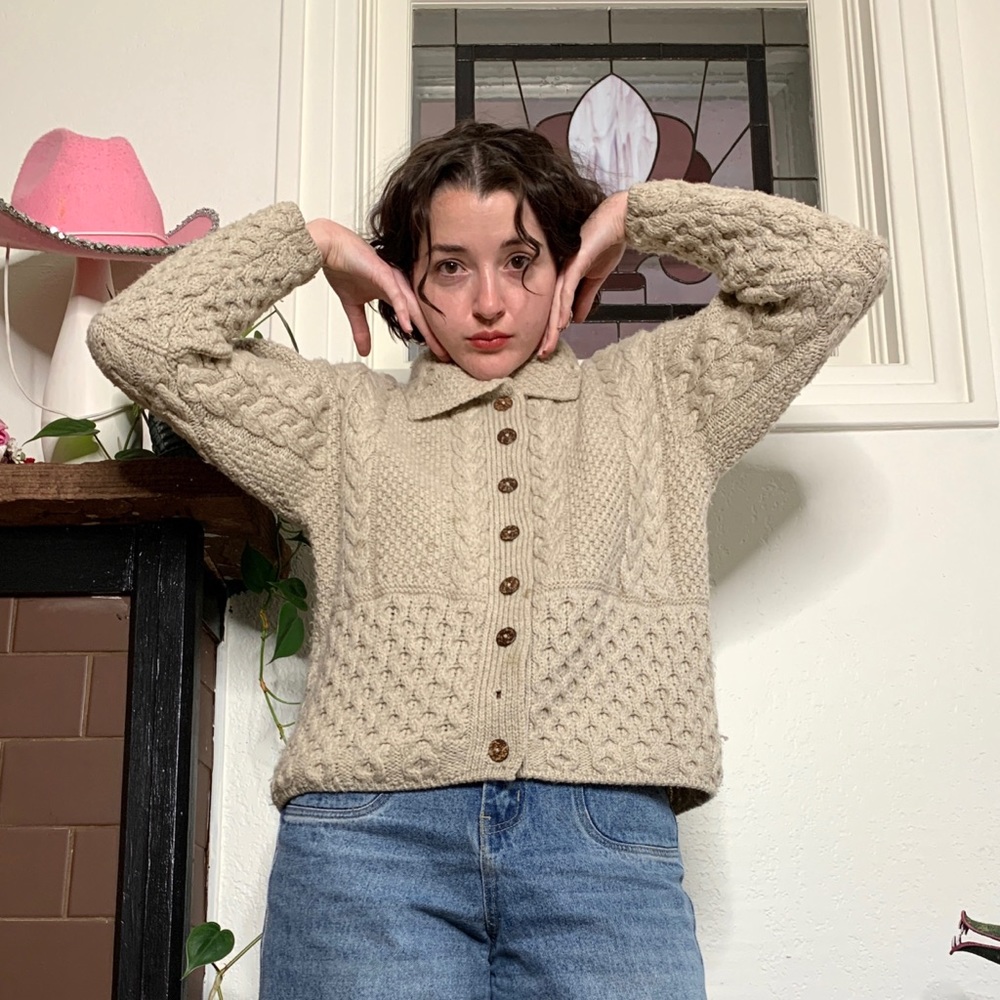 Vintage Merino Wool Cable Knit Aran Cardigan